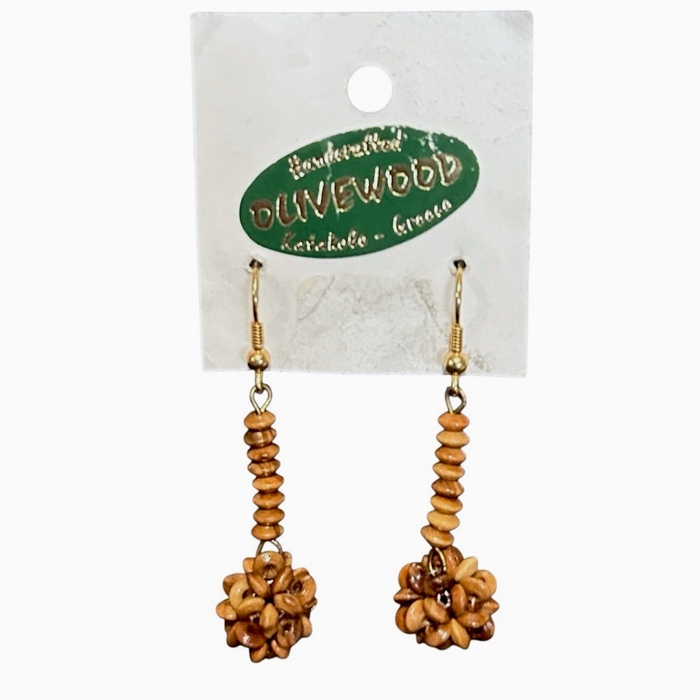 Handcrafted Olive Wood Dangle Earrings Made in Greece